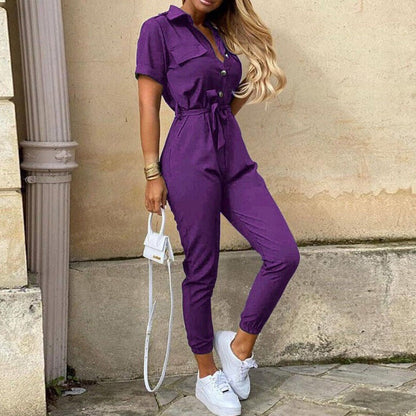 Women's Dress - Button Front - Belted - Short Sleeve - Fitted