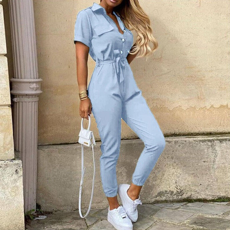 Women's Dress - Button Front - Belted - Short Sleeve - Fitted