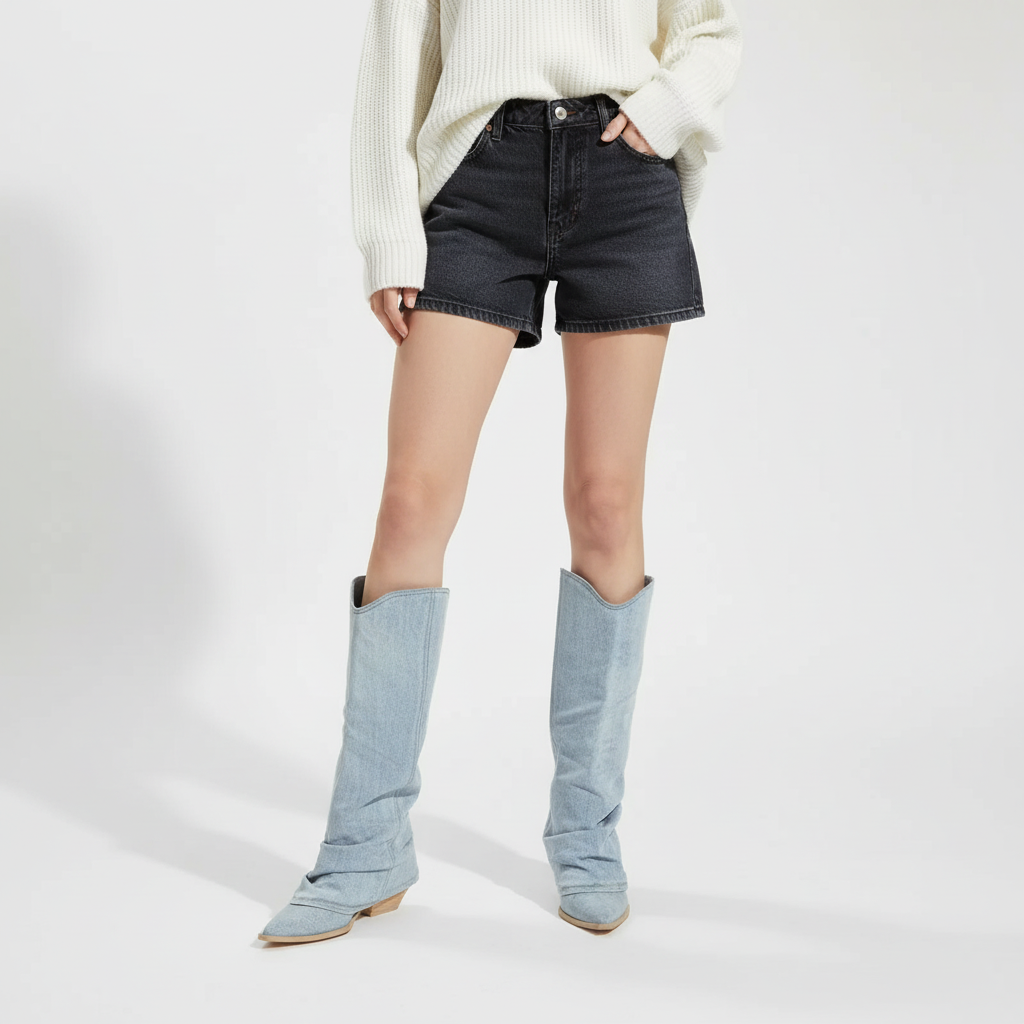  Kniehohe Denim Stiefel - Angela
