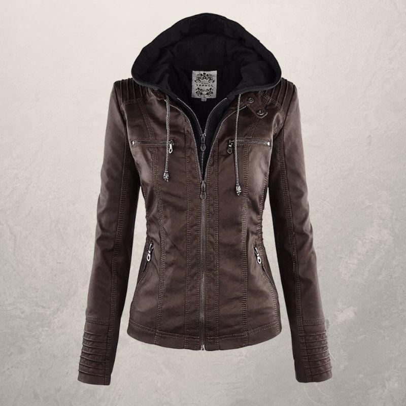 Fashionable Leather Jacket with Hood and Zipper