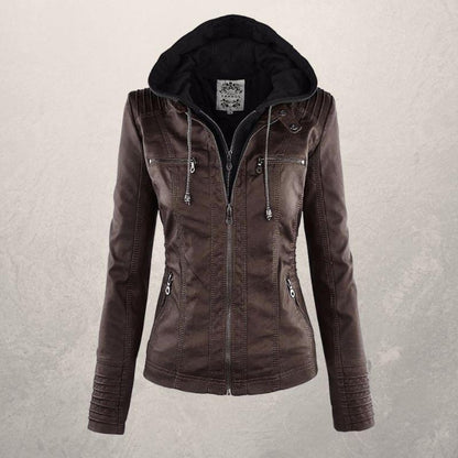 Fashionable Leather Jacket with Hood and Zipper