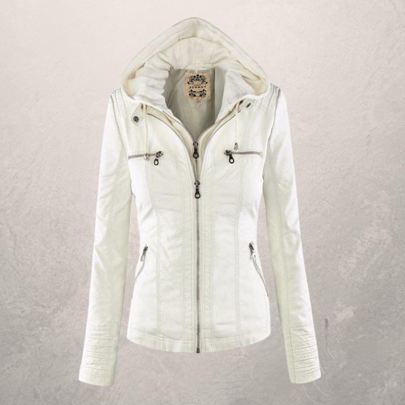 Fashionable Leather Jacket with Hood and Zipper