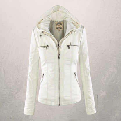 Fashionable Leather Jacket with Hood and Zipper