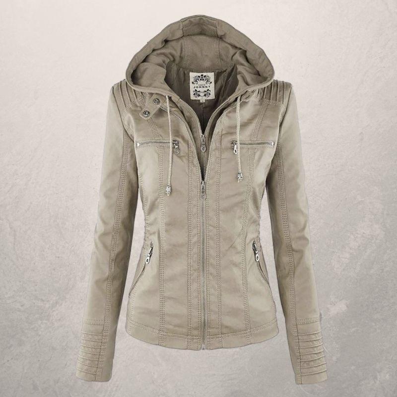 Fashionable Leather Jacket with Hood and Zipper