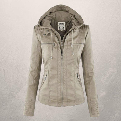 Fashionable Leather Jacket with Hood and Zipper