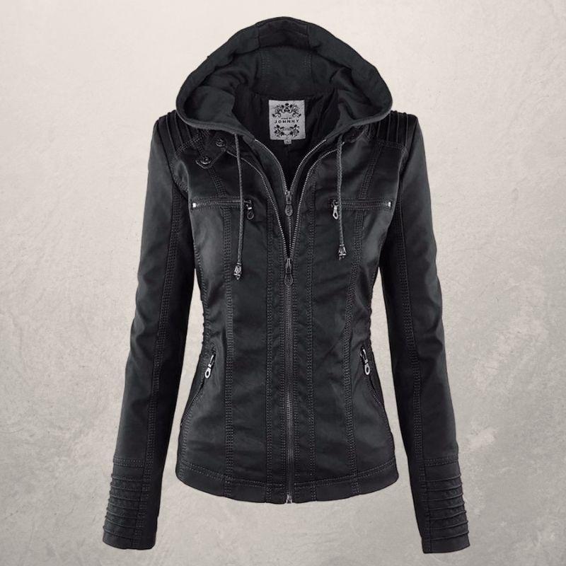 Fashionable Leather Jacket with Hood and Zipper
