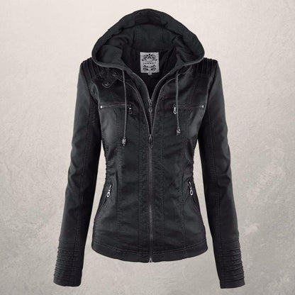 Fashionable Leather Jacket with Hood and Zipper