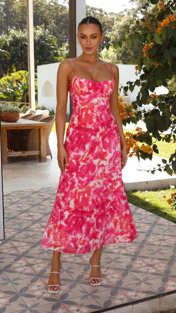 Women's Maxi Slip Dress with Thin Straps and Round Neckline