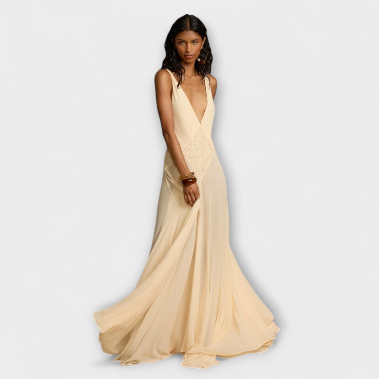 Elegant Long Sleeve V Neck Evening Dress - Nocini