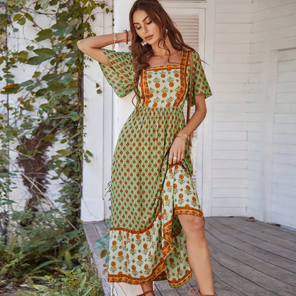 Loose Fit Floral Maxi Dress with Ruffled Sleeves