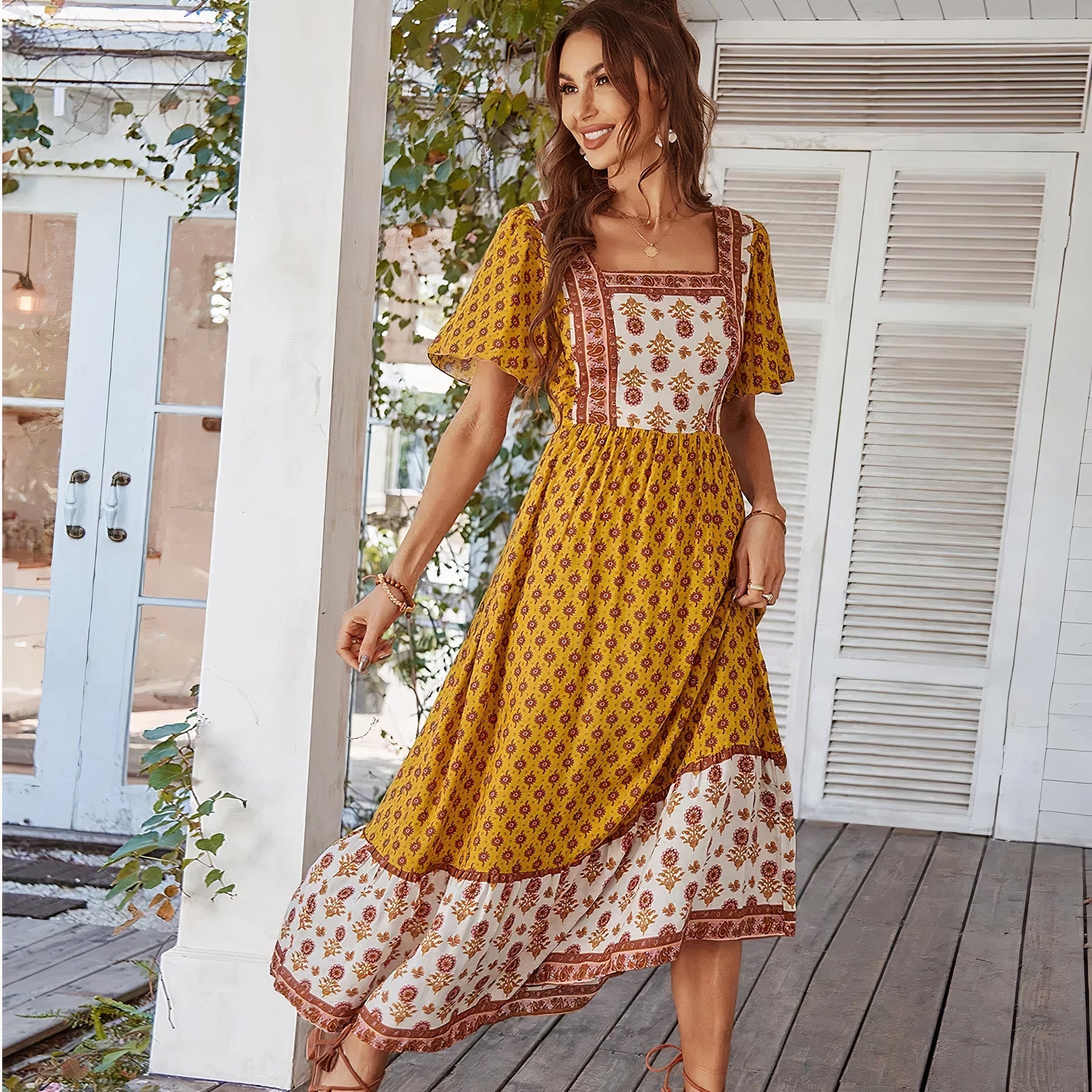 Loose Fit Floral Maxi Dress with Ruffled Sleeves - Nocini