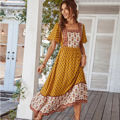 Loose Fit Floral Maxi Dress with Ruffled Sleeves - Nocini
