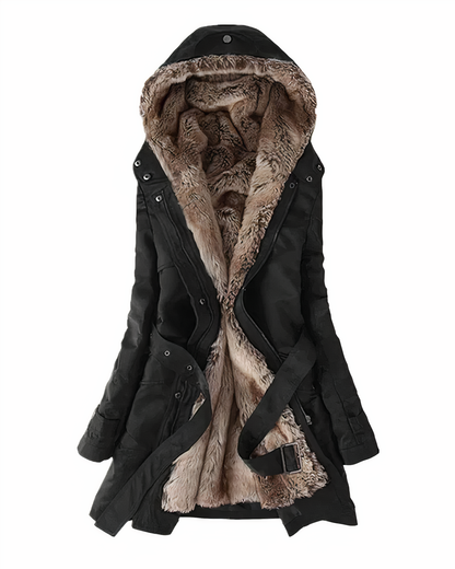 Women's Fleece Lined Hooded Parka Jacket with Belt
