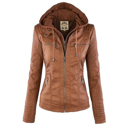 Edgy Fake Leather Motorcycle Jacket with Hood