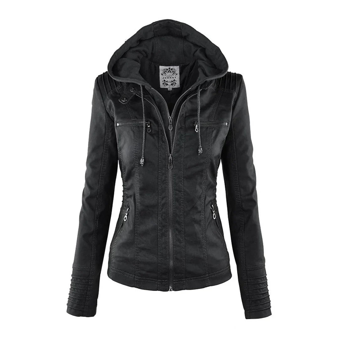 Edgy Fake Leather Motorcycle Jacket with Hood