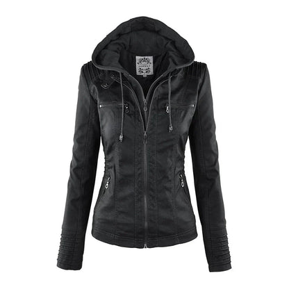 Edgy Fake Leather Motorcycle Jacket with Hood