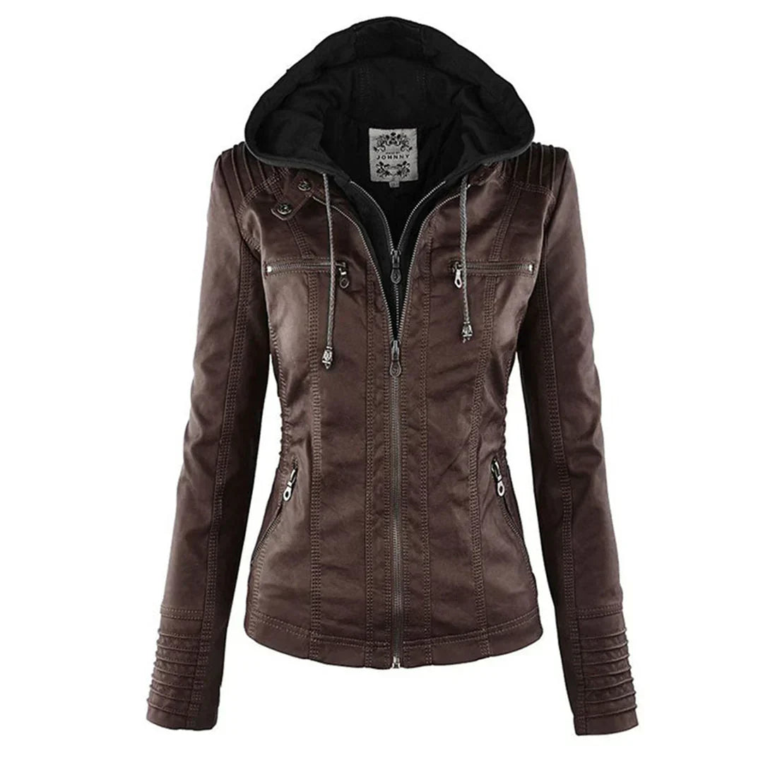 Edgy Fake Leather Motorcycle Jacket with Hood - Olytrend
