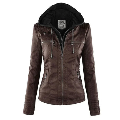 Edgy Fake Leather Motorcycle Jacket with Hood - Olytrend