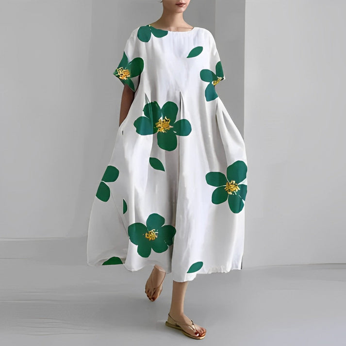Casual V Neck Short Sleeve Floral Midi Dress with Pockets - Nocini