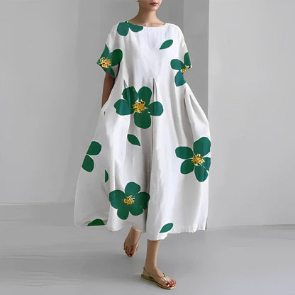 Casual V Neck Short Sleeve Floral Midi Dress with Pockets - Nocini