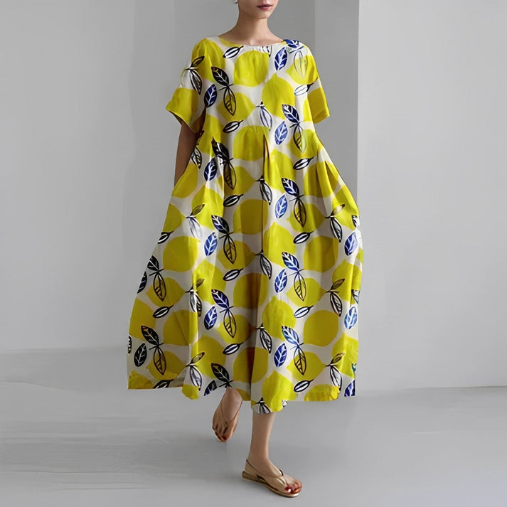 Casual V Neck Short Sleeve Floral Midi Dress with Pockets