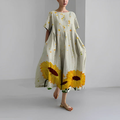 Casual V Neck Short Sleeve Floral Midi Dress with Pockets