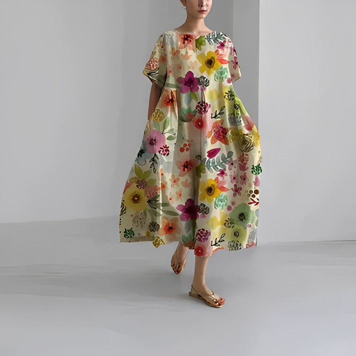 Casual V Neck Short Sleeve Floral Midi Dress with Pockets