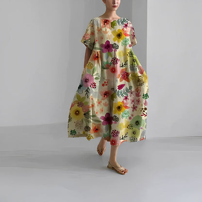 Casual V Neck Short Sleeve Floral Midi Dress with Pockets