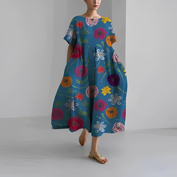 Casual V Neck Short Sleeve Floral Midi Dress with Pockets