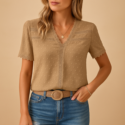 Lace blouse for women with elegant V-neckline and refined detailing, perfect for work, evenings out, and special occasions.