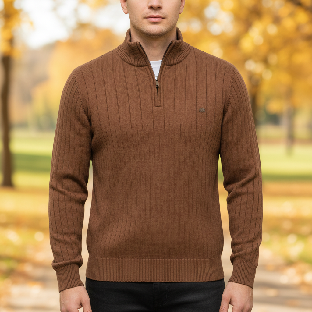 Classic Zip-Up Crew Neck Sweater - Pexav