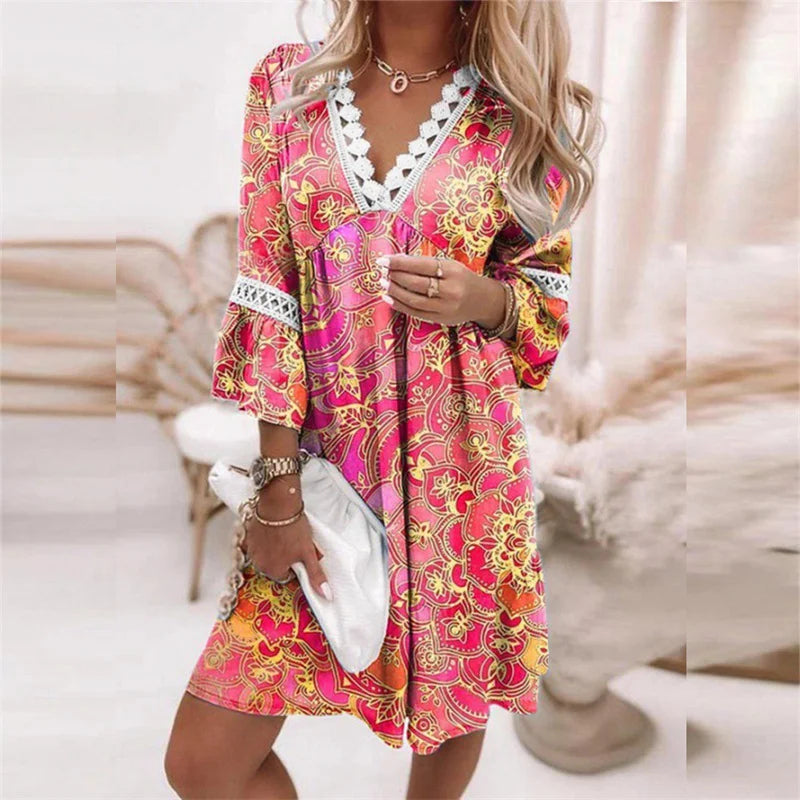 Comfortable V-Neck Floral Dress with Lace