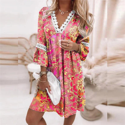 Comfortable V-Neck Floral Dress with Lace