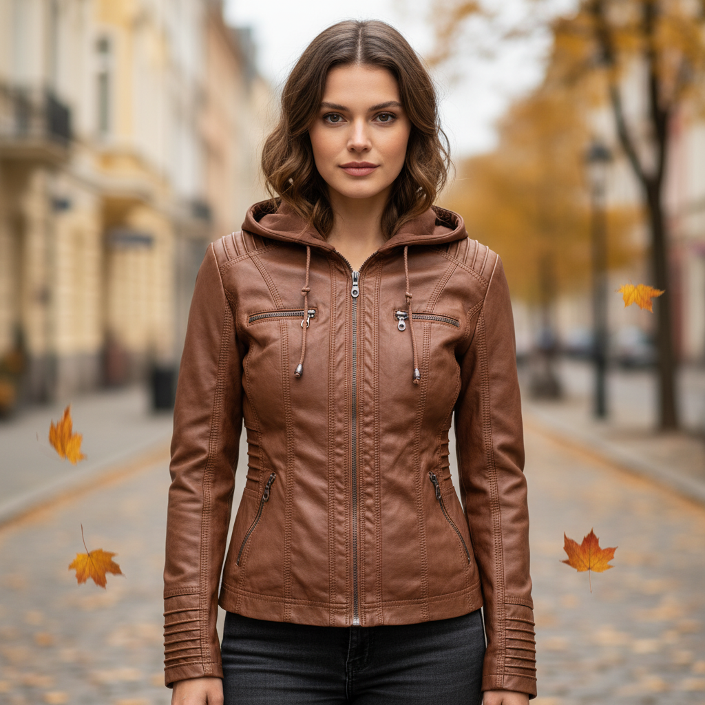 Faux Leather Hooded Parka Jacket - Pexav