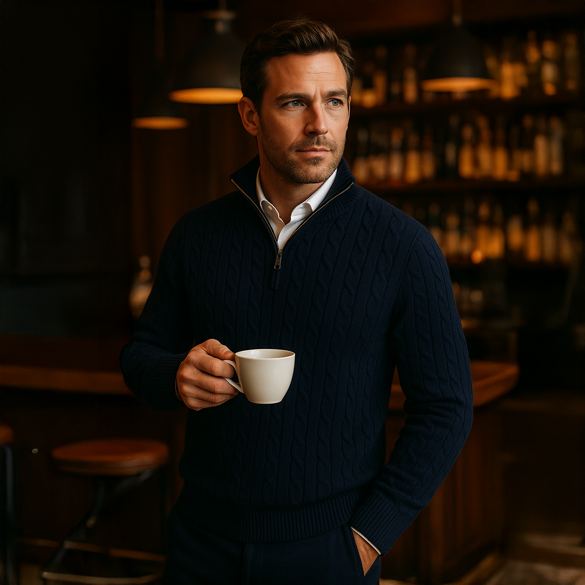 Classic Cable Knit Zip Sweater for Men
