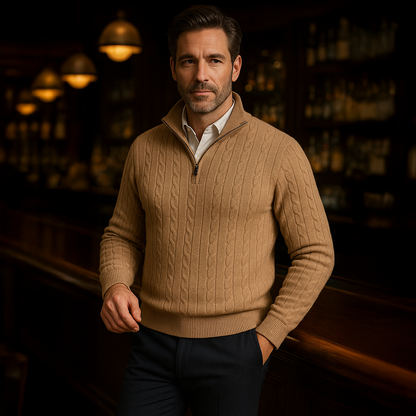 Classic Cable Knit Zip Sweater for Men