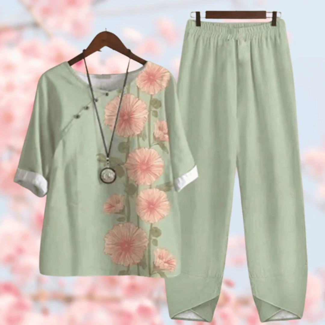 Casual Floral V-Neck Top Set