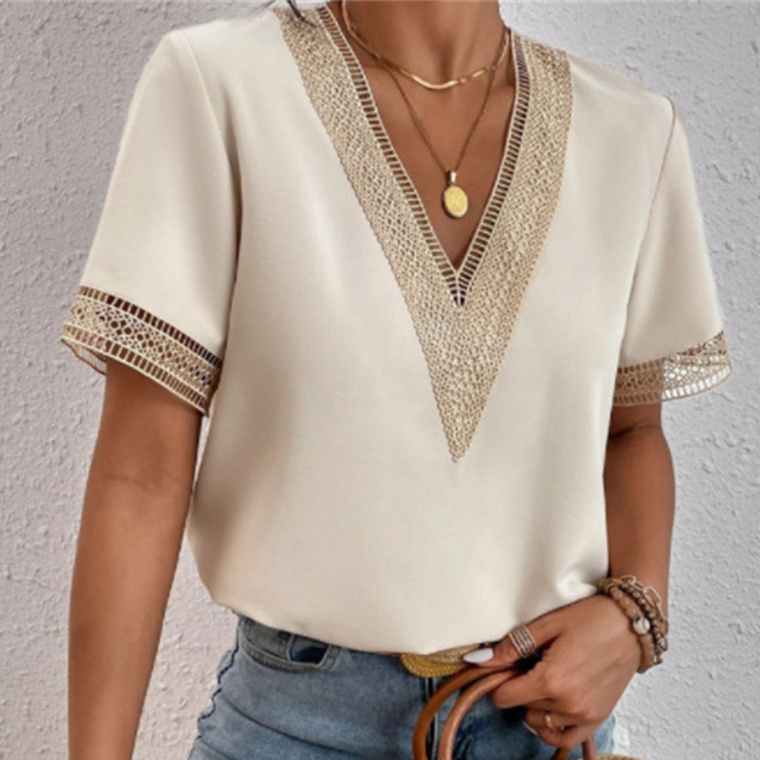 Relaxed Fit V-Neck Lace Trim Women's Tee