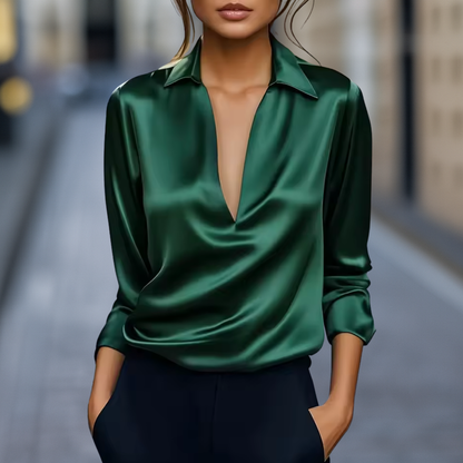 Elegant V-Neck Blouse with Flowy Collar Design