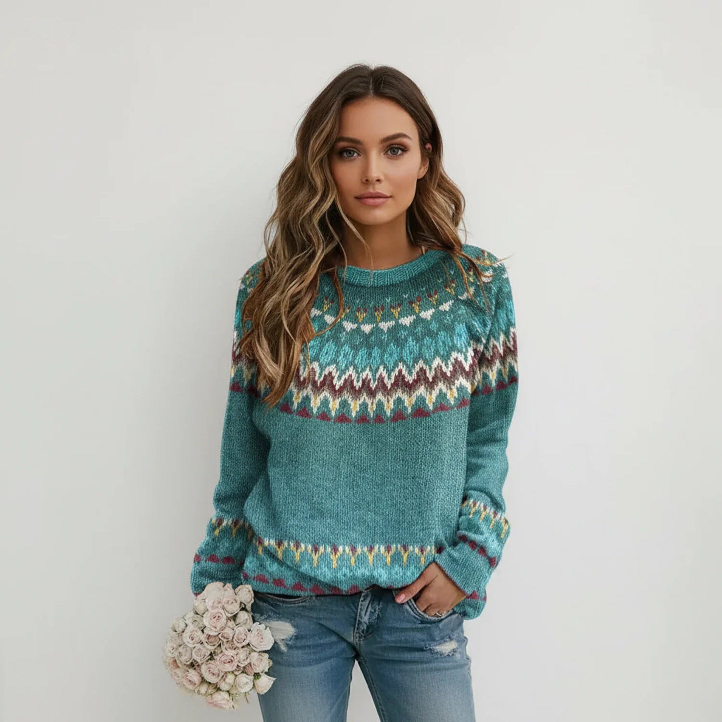 Warm Floral Crew Neck Women's Sweater - Olytrend