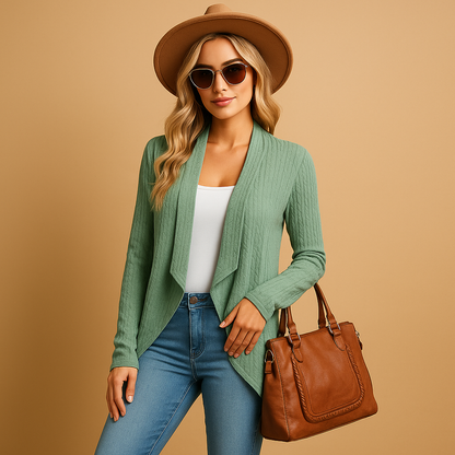 Women's long knitted cardigan with a soft texture and relaxed fit, perfect for layering, casual wear, and stylish everyday looks.