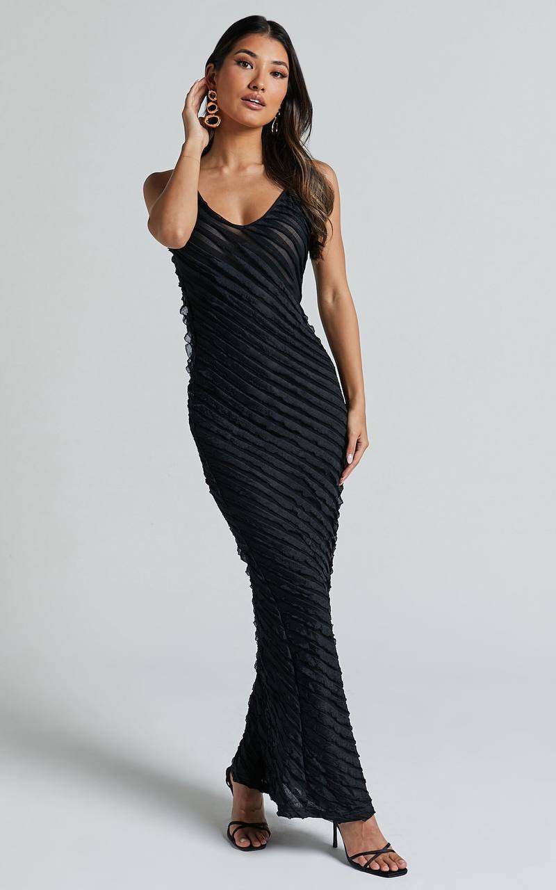 Elegant Long Evening Dress with V Neck and Thin Straps - Nocini