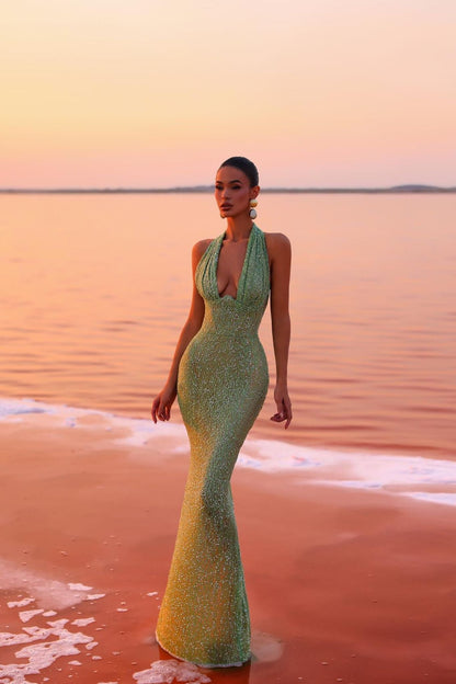 Sexy Halter Neck Evening Gown with Backless Design - Nocini
