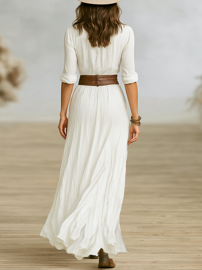 Relaxed Fit V-Neck Maxi Dress with Flare Sleeves