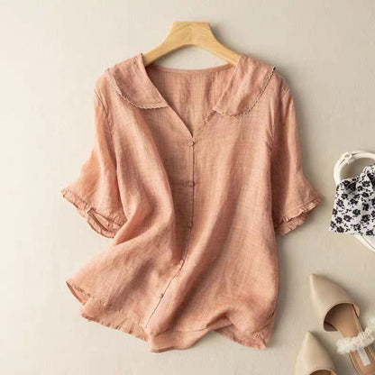Ladies Classic Shirt with Ruffled Neck and Cap Sleeves