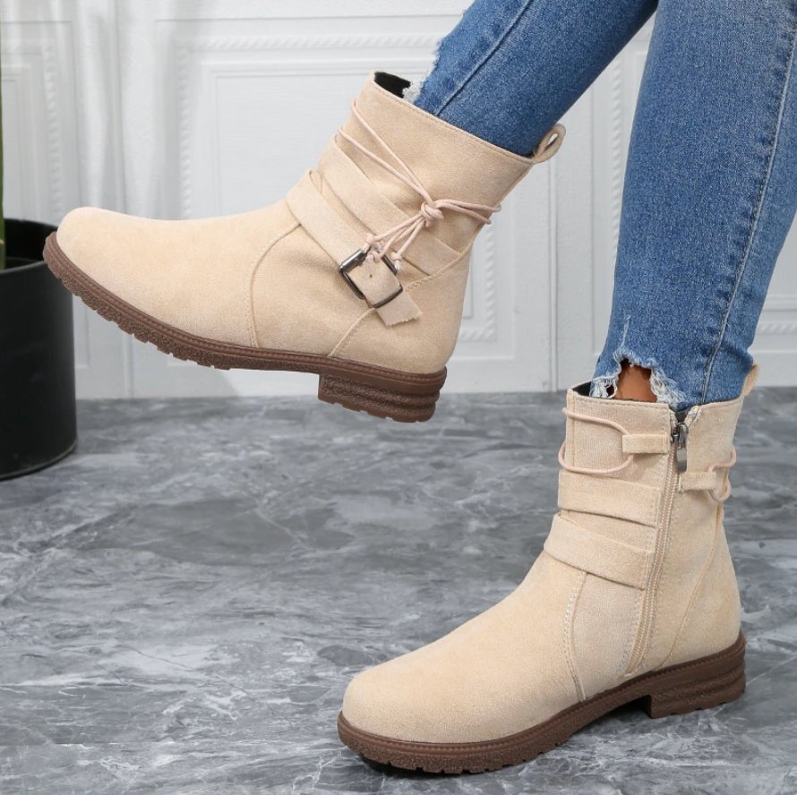 Ladies Low Heel Suede Ankle Boots with Zipper