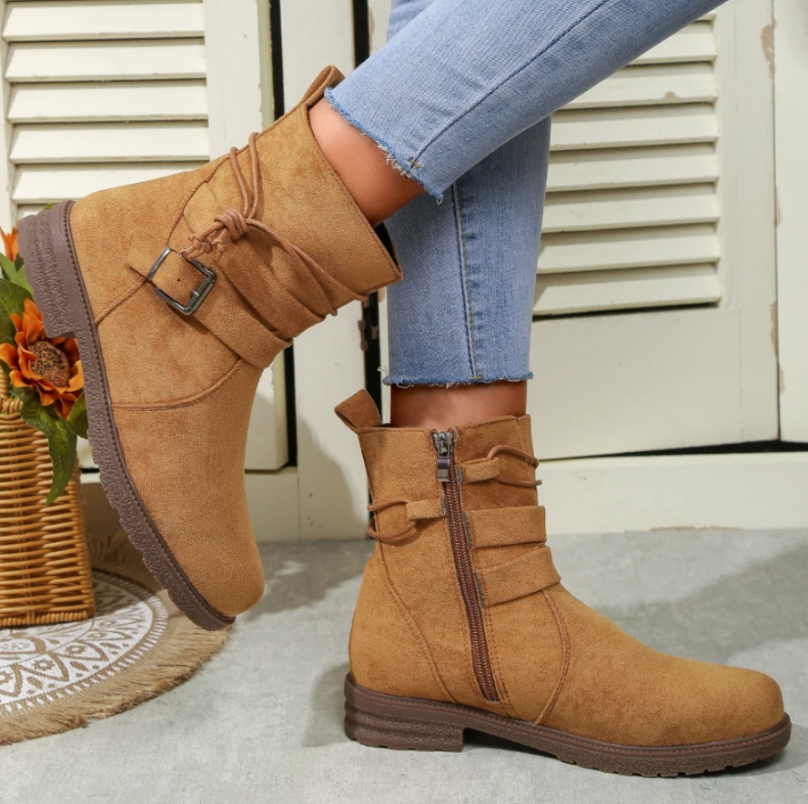 Ladies Low Heel Suede Ankle Boots with Zipper - Nocini