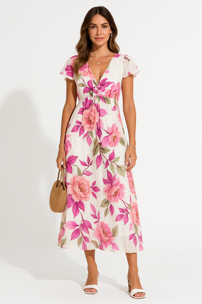 Floral V-Neck Midi Dress for Women