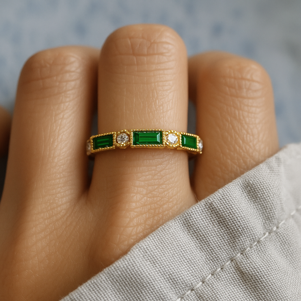 Luxury Gold Ring with Green Zirconia Stones