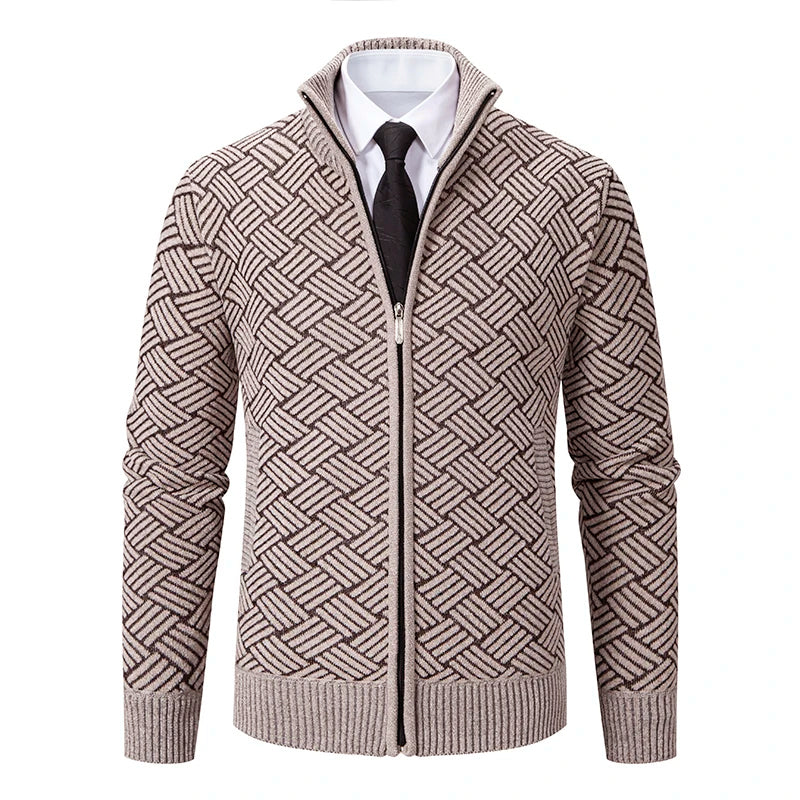 Cozy Wool Zip Up Geometric Pattern Cardigan - Nocini